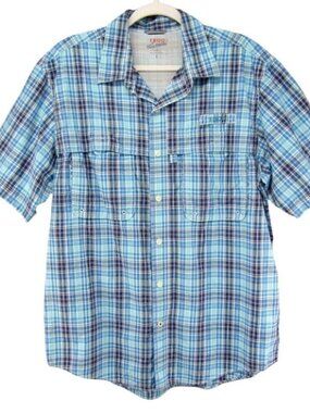 Izod Surfcaster White Blue Plaid Short Sleeve Fishing Shirt Mens Size L Vented